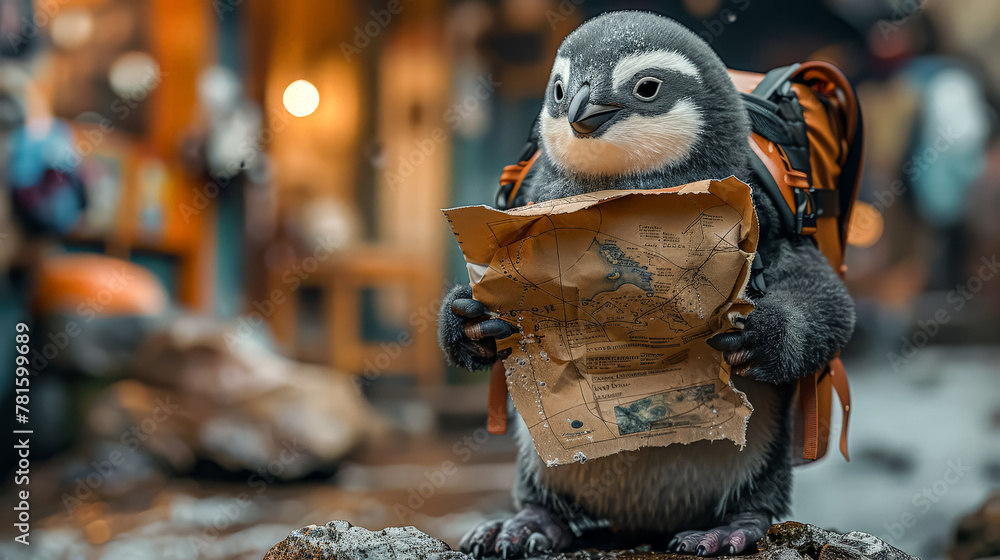 Poster a penguin is holding a paper map and wearing a backpack. the penguin is standing on a rock and he is