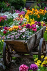 The Essence of Spring Captured in a Wooden Wheelbarrow Filled with Diverse Blooming Flowers