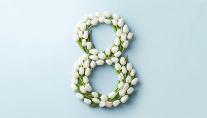 Obraz premium Number 8 shaped with white snowdrop flowers on a light blue background, perfect for spring themes and delicate decor concepts.