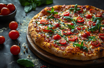 Tasty fresh oven pizza with tomatoes cheese and basil on dark stone table