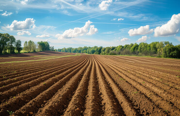 Furrows row pattern in plowed field prepared for planting crops in spring. - obrazy, fototapety, plakaty