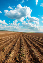 Furrows. Agricultural field on which grow up young potatoes