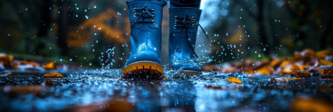 Puddle-proof footwear: a joyful individual splashes happily in rubber boots.
