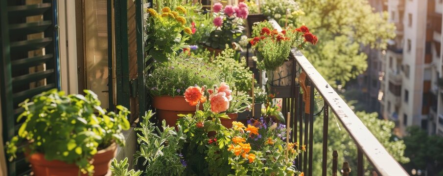 A Burst of Spring on a City Balcony: Colorful Flowers and Herbs Creating a Mini Urban Garden