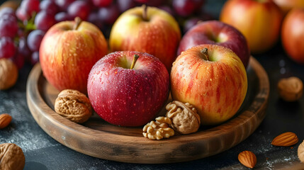Naklejka na ściany i meble Red apple fruit in basket on wooden background, Healthy fruit
