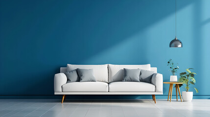 modern living room with sofa of a house in a living room, an empty blue wall in the background, sunlight, mockup , empty space ,home interior design 