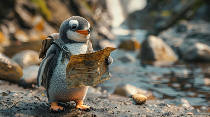 A penguin is holding a paper map and wearing a backpack. The penguin is standing on a rock and he is lost - Powered by Adobe