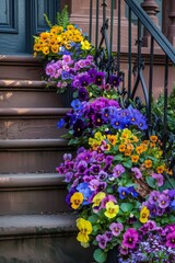 Fototapeta na wymiar A Stairway to Spring: Pots of Flourishing Pansies Lining a Brownstone's Steps
