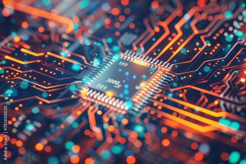Poster vibrant circuit board with glowing digital lines and microchip