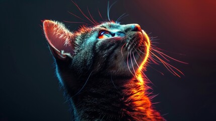 An artistic portrayal of a cat gazing upwards with a vintage space theme background, creating a sense of curiosity and wonder.