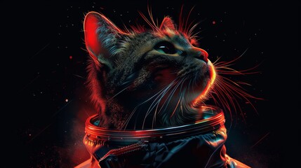 An artistic portrayal of a cat gazing upwards with a vintage space theme background, creating a sense of curiosity and wonder.