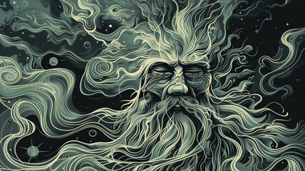 A mystical wizard graphical vector face with a flowing beard and robes, wielding arcane magic with a wise and benevolent hand.