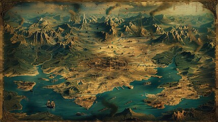 Artistic dark fantasy world map featuring mythical mountains, continents, and a mysterious moon. Ideal for storytelling and conceptual design.