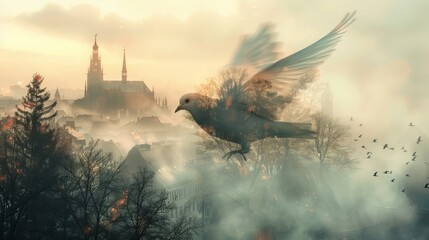 Artistic multiple exposure image blending a pigeon silhouette with the Nuremberg skyline and sunset hues.