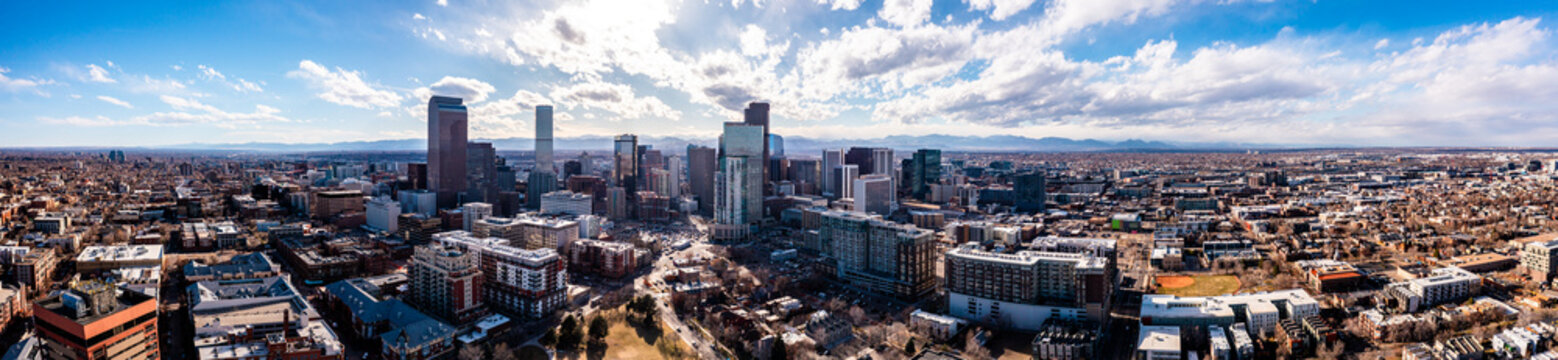 Downtown Denver Panorama Aerial Image During a beautiful cloudy day