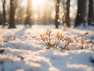 Closeup of snowy glade under sunlight, creating picturesque winter background - obrazy, fototapety, plakaty