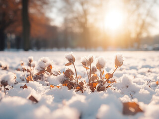 Beautiful closeup capturing snowy glade under sunlight, forming winter background - obrazy, fototapety, plakaty