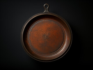 Toned photograph displaying bottom of an old cast iron frying pan