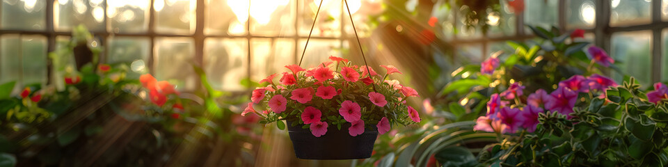 Pink petunia flower hanging in pot. Growing spring flowers in large glass greenhouse. Colorful geraniums ready for sale and business. Florist work, farm, local market - obrazy, fototapety, plakaty