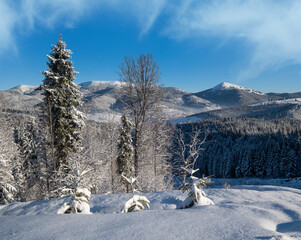 Winter Gorgany massiv mountains scenery view from Yablunytsia pass, Carpathians, Ukraine.