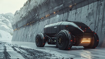 Cinematic shot of a futuristic, sleek black diesel truck navigating a snowy road in an industrial, dystopian setting. This image captures the essence of advanced transportation technology.