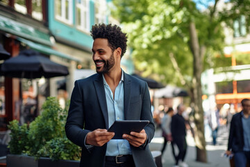 A stylish young professional man using a digital tablet in a vibrant city setting. Concept of modern business, blending technology with an active urban lifestyle.