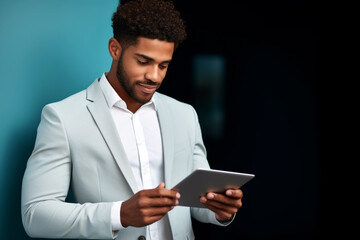 A professional african american man looking at tablet. Focused professional using tablet. copy space