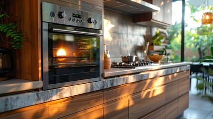 Elegant steamed oven installed in a contemporary kitchen with natural light and wooden elements, showcasing a blend of functionality and design.