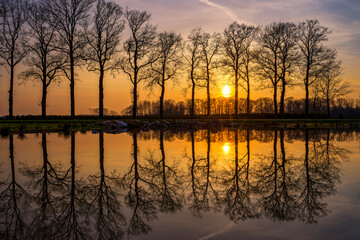 Bäume spiegeln sich im Wasser, im Hintergrund ein Sonnenuntergang