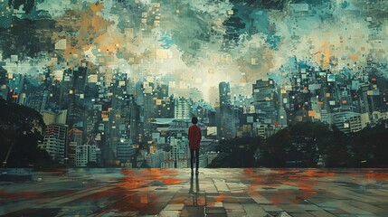 Imaginative artwork showing a person standing in a city with a surreal sky that seems to explode into color above