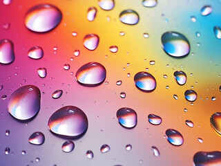 Water vapor condensed on foil, colorful drops, grey background