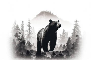 A bear stands in a forest with trees in the background. The bear is looking to the right
