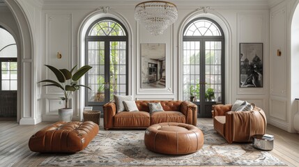 This image showcases an elegant French Creole living room, featuring large windows, leather sofas, and intricate architectural details. 