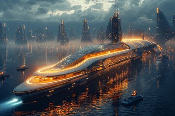 Futuristic vessel arriving at advanced harbor in city of tomorrow