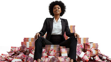 Rich Black woman boss in her 30s wearing black suit sitting on pile of Ghanaian cedi notes with more stacks of money around her against transparent background, sitting on a throne made of cash, female