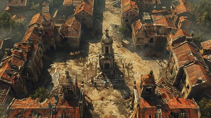 Top-down view of an old medieval town featuring a central church, cobblestone streets, and ancient architecture surrounded by nature. - obrazy, fototapety, plakaty
