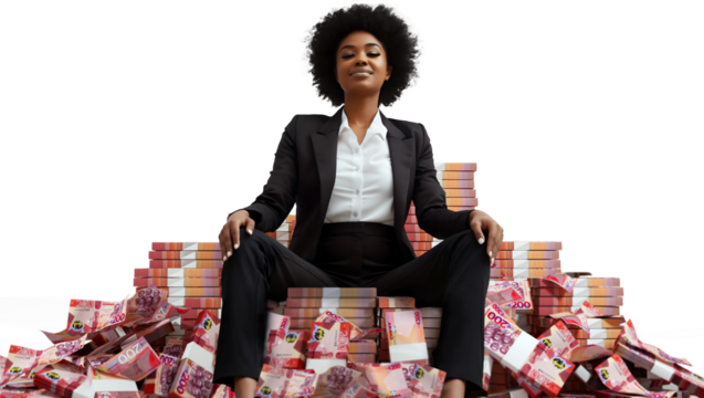 Rich Black woman boss in her 30s wearing black suit sitting on pile of Ghanaian cedi notes with more stacks of money around her against transparent background, sitting on a throne made of cash, female