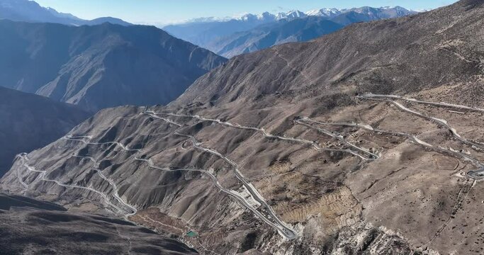  Aerial view of winding mountain road in tibet China
