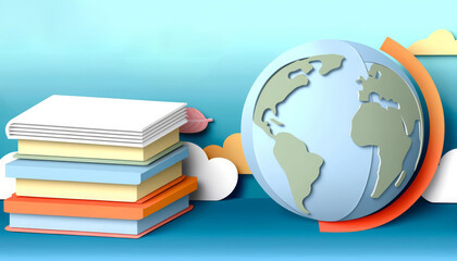 Paper cutout of globe with books on a blue background, ideal for education, global awareness, and environmental themes.