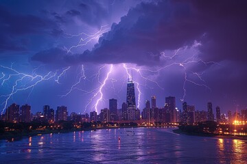 Lightning-lit urban vista: mesmerizing city skyline under electric skies
