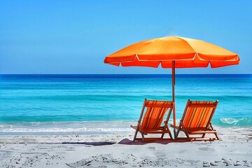 Orange sunbeds and umbrella on a sunny day on the beach. Two deckchairs and umbrella on the sandy beach with turquoise sea - obrazy, fototapety, plakaty