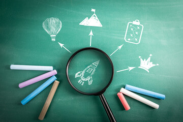 Success and achievement concept. Magnifying glass on green school blackboard background - 781604406