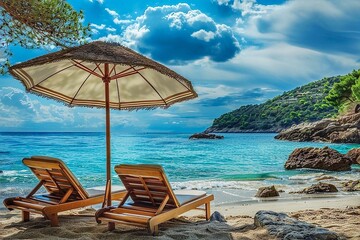 Wooden sun loungers and parasol on the sandy beach. Summer holidays concept