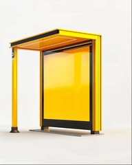 3d render of yellow and black modern street bus stop table with display, white background, perspective view, ultra realistic, hyper detailed, high resolution