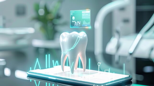 Futuristic dental health app interface with 3D tooth hologram above a smartphone