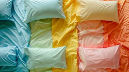rainbow pillows on a bed