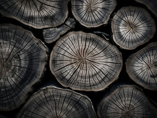 Burned wood log forms abstract black and white background