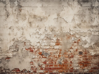 The musty ambiance of decay permeates the grungy cracked brick stucco wall