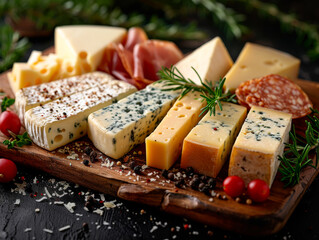 Various types of cheese on wooden board with rosemary jamon and olives