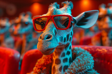 Giraffe is wearing red sunglasses and fur coat in cinema. - obrazy, fototapety, plakaty